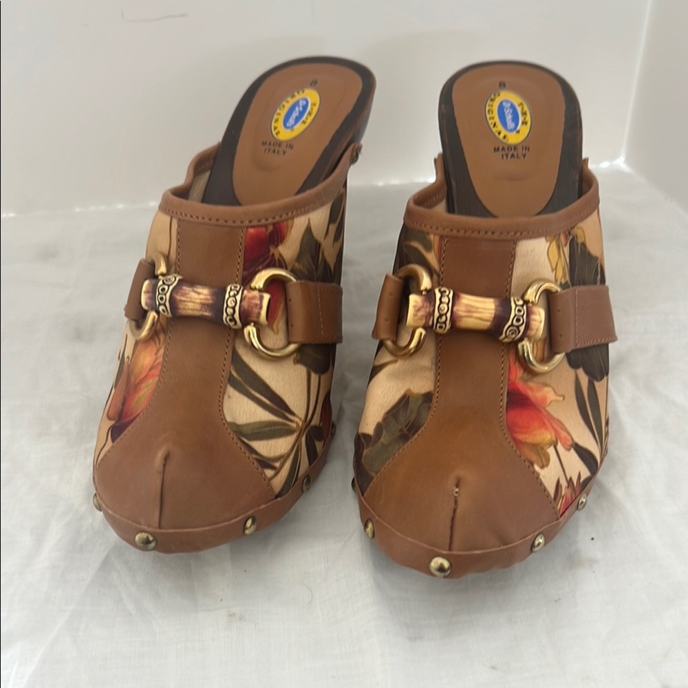 Brown Floral Clogs Wooden Sole
